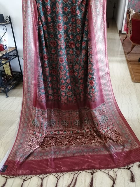 Green with Maroon Red Ajrakh Print Kota Saree with light Zari Lining in border and aanchal