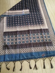 Blue, Black and White Ajrakh Print Pure Kota Saree with light Zari lining in the border and Aanchal