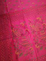 Bengal Silk Hand Embroidered Kantha Saree in Barbie Pink