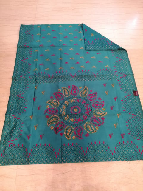Bengal Silk Hand Embroidered Kantha Saree in Teal Colour