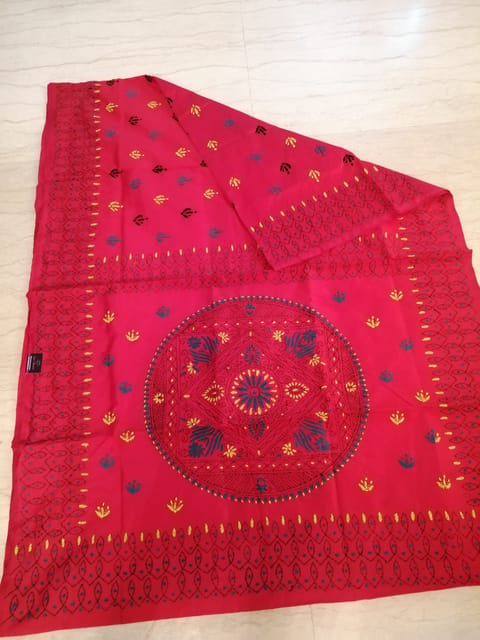 Bengal Silk Hand Embroidered Kantha Saree in Tomato Red