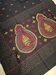 Bengal Silk Hand Embroidered Kantha Saree in Charcoal Black