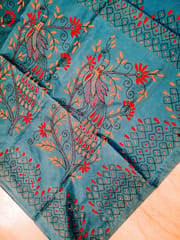 Bengal Silk Saree with Beautiful Kantha Embroidery on Firoza Blue