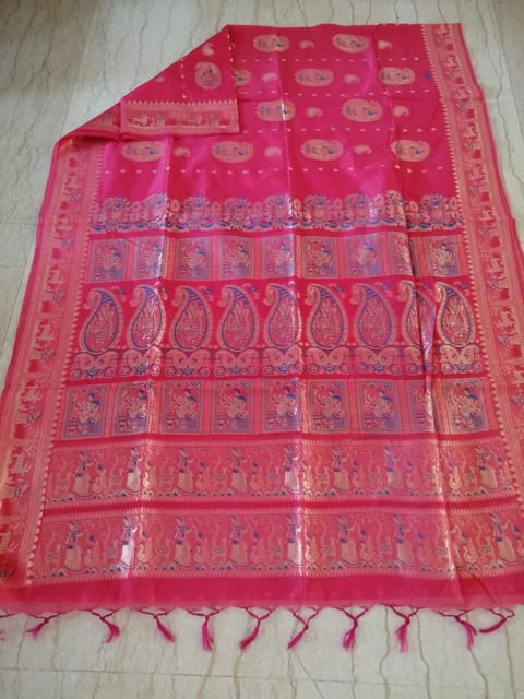 Fine Cotton Baluchari Saree in Rose Red with Beautiful Traditional Mythological figures