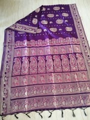 Fine Cotton Silk Baluchari Saree in Russian Violet and Gold with Beautiful  Traditional Mythological figures
