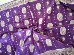 Fine Cotton Silk Baluchari Saree in Russian Violet and Gold with Beautiful  Traditional Mythological figures