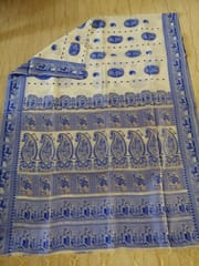 Bengal Soft Cotton Baluchari Saree in White with Indigo Blue and Gold weaves