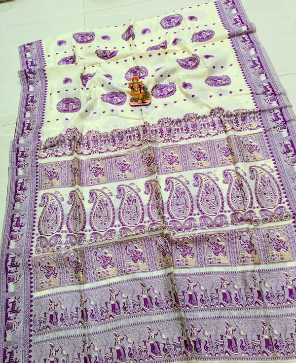 Bengal Pure Soft Cotton Baluchari Saree in White with Lilac and Gold Thread Weaving