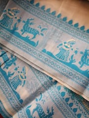 Bengal Pure Soft Cotton Baluchari Saree in White with Arctic Blue and Gold Threads Weaving
