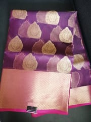 Pure Banarsi Organza saree in Wine Red with contrast Majenta and Gold Zari woven Border and Aanchal