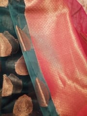 Pure Banarsi Organza Saree in Forest green with contrast Magenta and Gold Zari woven Aanchal and Border