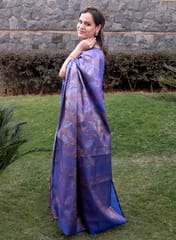 Banarsi Cotton Silk Brocade in Azure Blue with  All Over Copper Zari Weaving