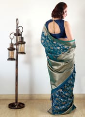 Banarasi  Pure Silk in Peacock Blue with All Over Zari & Resham Jaal Work , Heavy Zari Border & Aanchal