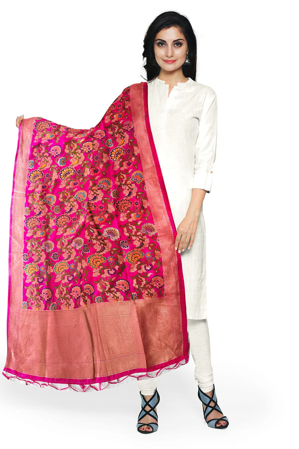 Beautiful Banarsi  Rani Pink Silk Dupatta with Multicolor Resham and Zari Work