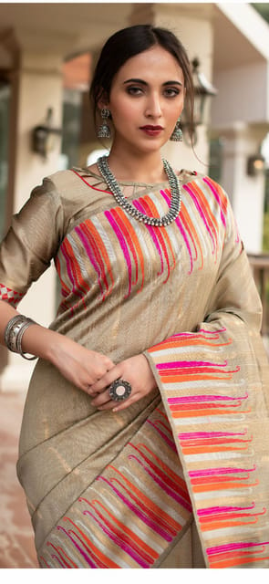 Beautiful Bengal Raw Tussar Silk Saree with Striking Temple design - Biscuit colour