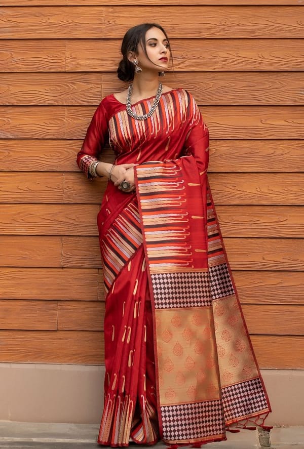 Beautiful Bengal Raw Tussar Silk Saree in Tomato Red with Striking Temple Design Border