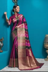 Beautiful Madurai Pure Raw Tussar Silk Saree in Red, Gold, Black & Pink with Zari Weaves and Bishnoi Broad Border