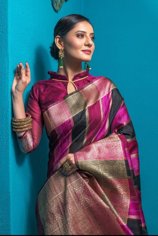 Beautiful Bengal Pure Raw Tussar Silk Saree in Red, Gold, Black & Pink with Zari Weaves and Bishnoi Broad Border