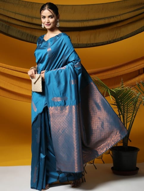 Pretty Nuten Bengal Soft Silk Saree in Turquoise Blue with Copper Zari Butas and Aanchal