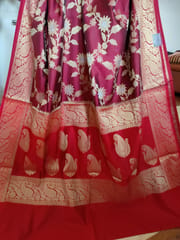 Beautiful Banarsi Pure Katan Kanjivaram Silk Saree in Ruby Red and Tomato red border with Heavy zari Jaal work and Zari Aanchal