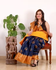 Beautiful Banarsi Pure Silk Saree in Indigo Blue and Canary yellow; Antique zari and Tilfi work