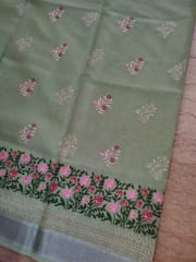 Beautiful Banarsi Tissue Silk Saree in Pista Green with Floral Hand Embroidery and Chikankari Work