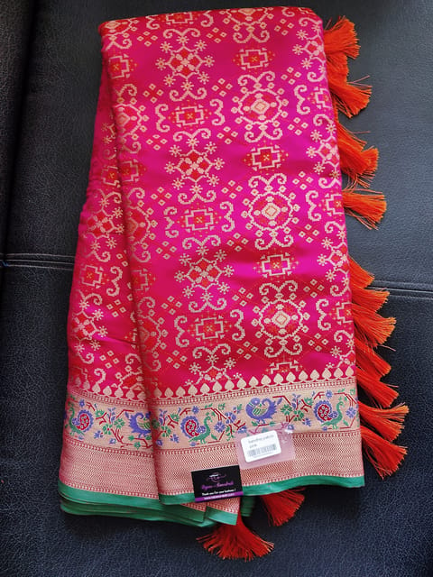 Pure Silk Beautiful Patola Bandhej Saree in Rani Pink with All Over Zari weaving