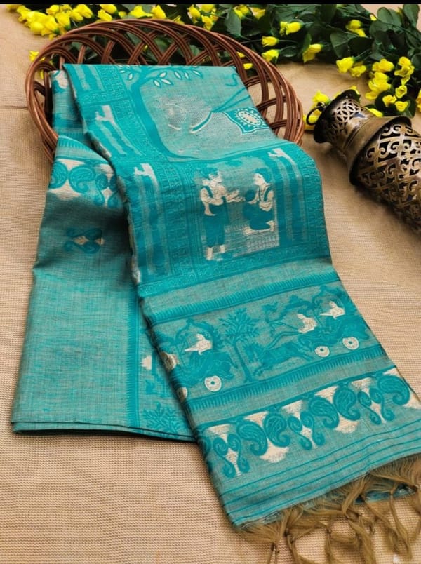 Beautiful and Elegant Fine Cotton silk Baluchari Saree in Aquamarine Blue Colour with Darker Blue And Gold Thread Weaving