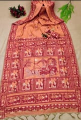 Beautiful and Elegant Fine Cotton silk Baluchari Saree in Rust Orange Colour with Red And Gold Thread Weaving