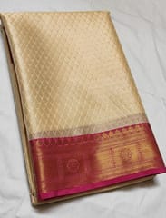Beautiful Kora Tanchoi Silk Saree in Lemon Yellow with Rani Pink and Gold Zari Border
