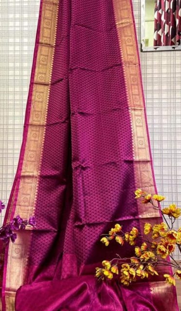 Beautiful Kora Tanchoi Silk Saree in Cherry Red with Gold Zari Border