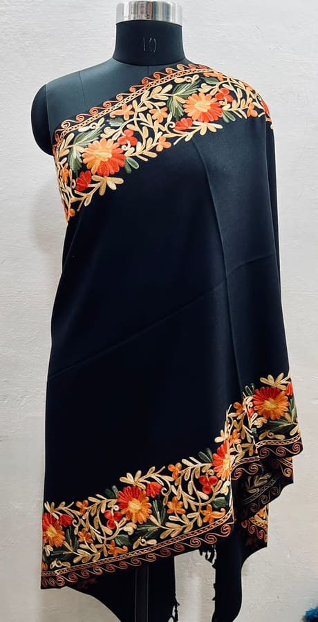 Pure Wool Black Pashmina Stole with Beautiful Kashmiri Embroidered Border with Multi- coloured thread