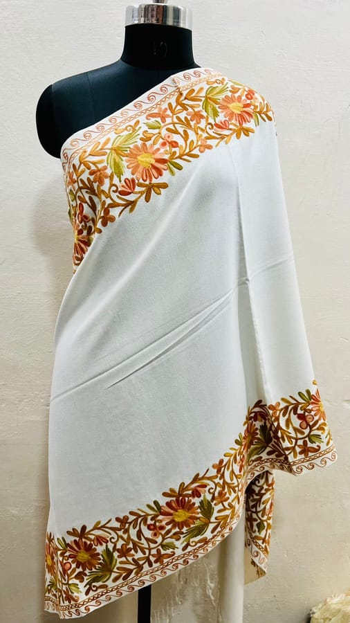 Pure Wool White Pashmina Stole with Beautiful Kashmiri Embroidered Border with Multi- coloured thread
