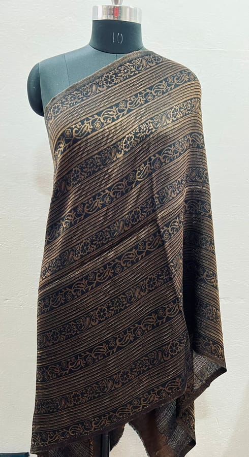 Pure Pashmina Shimmer Stole in Black Colour with all over Copper Zari work