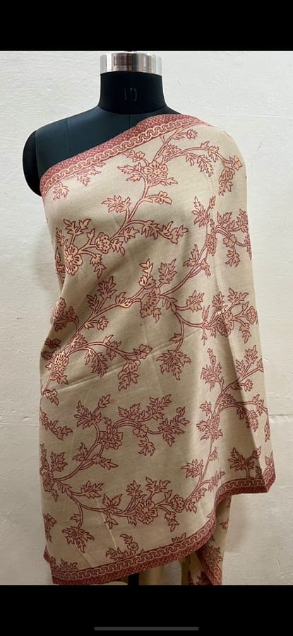 Elegant Pashmina Shimmer Kani Stole in Fawn colour with Red and Gold weaving
