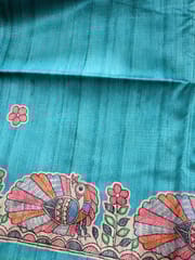 Bhagalpuri Pure Tussar Silk in Emerald Blue with Beautiful Handblock Madhubani Print