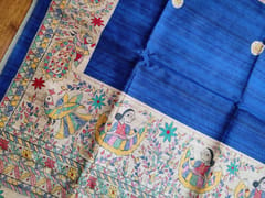 Bhagalpuri Pure Tussar Silk in Ink Blue with Beautiful Handblock Madhubani Print