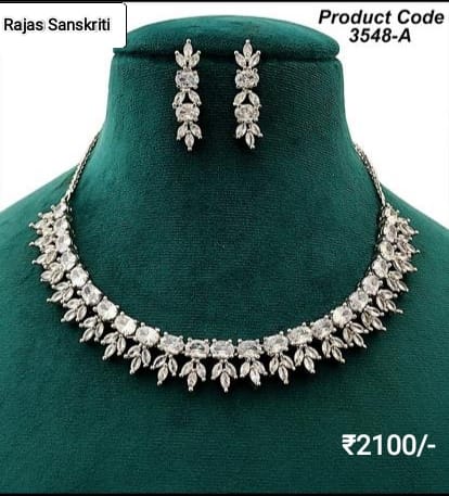 Beautiful and Smart American Diamond Necklace Set studded in Silver