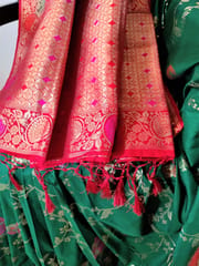 Pure Banarsi Silk Saree in Basil Green and Scarlet Red with Zari Jaal work