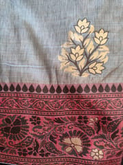 Elegant Pure Dupion Silk Saree In Earth Grey with Bubblegum Pink Border and Anchal