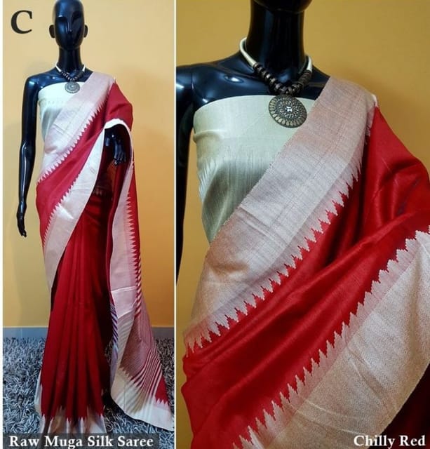 Raw Munga Silk Saree in Amaranth Red with Off-White Temple Border