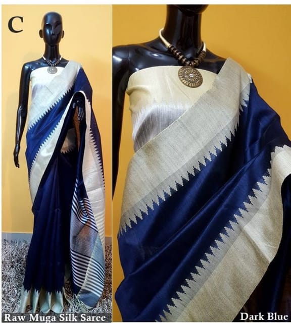Raw Munga Silk Saree in Prussian Blue with Off-White Temple Border