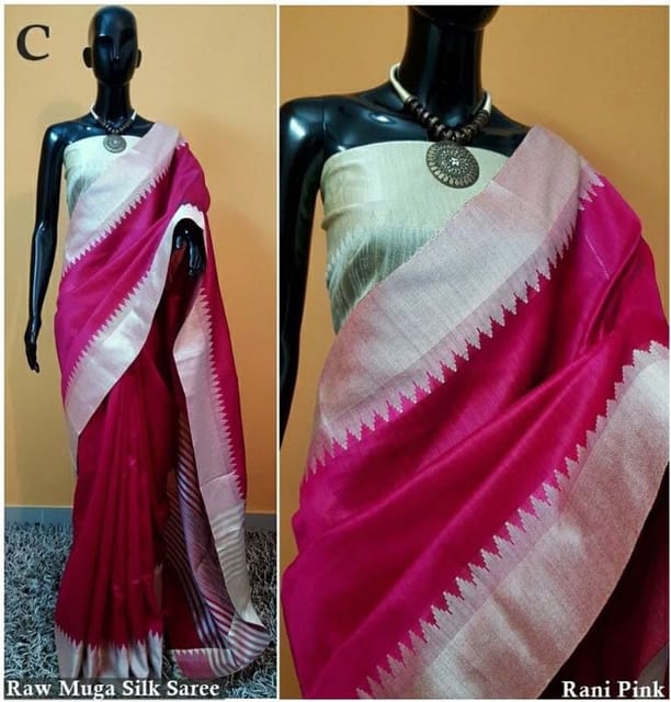 Raw Munga Silk Saree in Fuschia Pink with Off-White Temple Border