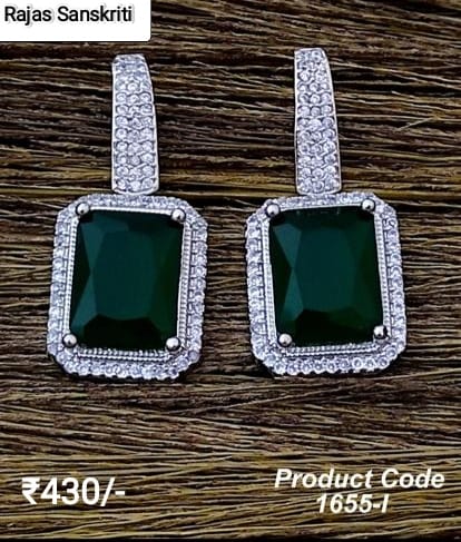 American Diamond Earrings with Dark Green Stone studded in Silver Metal