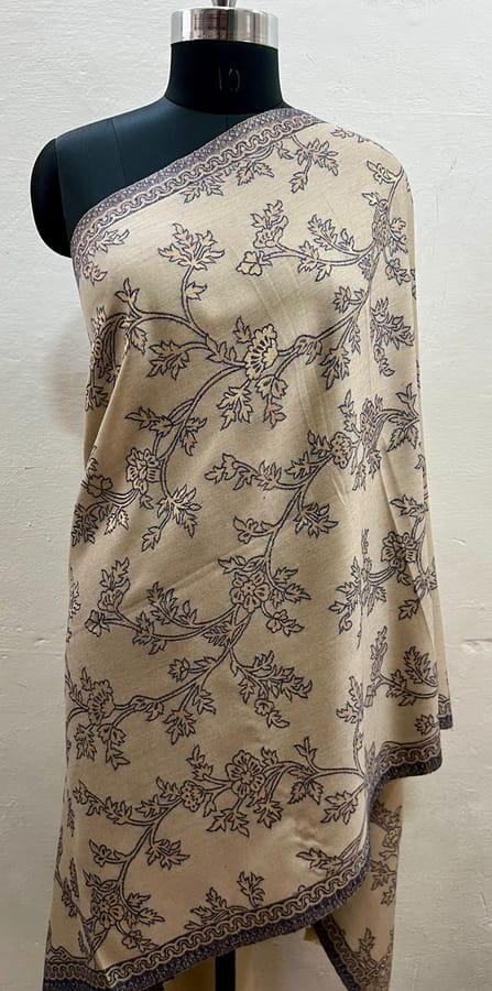 Elegant Pashmina Shimmer Kani Stole in Fawn colour with Black and Gold weaving