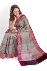 Beautiful Kora Tanchoi Silk Saree in Pewter Grey with Rani Pink and Gold Zari Border