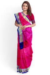 Beautiful Kora Tanchoi Silk Saree in Rani Pink with Mauvish Blue and Gold Zari Border