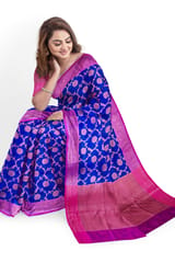 Beautiful Cobalt Blue Dupion Silk Saree With Copper zari work and Contrast Pink Border and Anchal