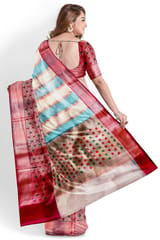 Beautiful Banarasi Kora Tissue Saree In White and Firoza Blue Stripes, Heavy Zari Border and Anchal