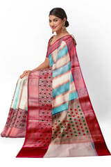 Beautiful Banarasi Kora Tissue Saree In White and Firoza Blue Stripes, Heavy Zari Border and Anchal